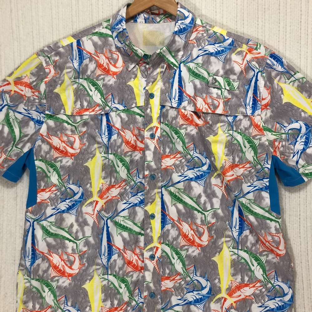Marlin Fishing Shirt Button Down Short Sleeve Novelty Print Gray‎ Multicolor